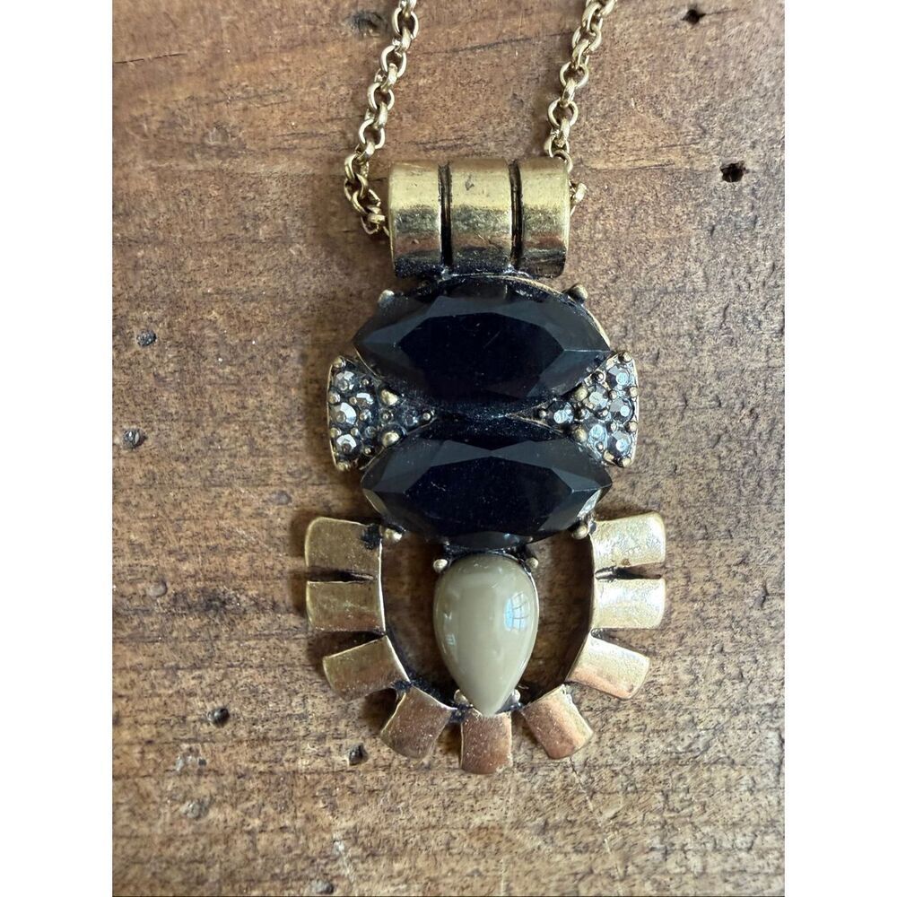 J.Crew Brass Tone Necklace Brass And Black Crystal And Taupe Stone Pendant 32"